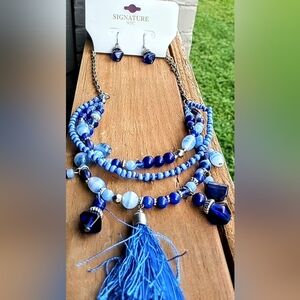 Artisanal Blue Multi-Layered Necklace with Silver Details